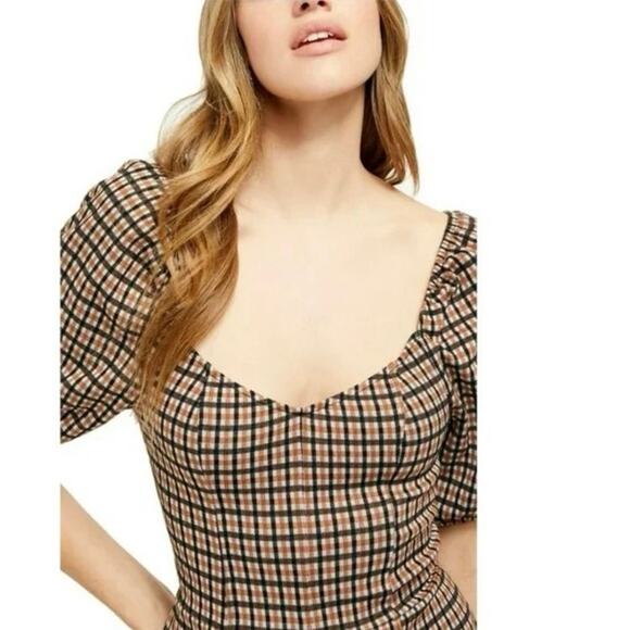 Free People Oxford fall plaid jumpsuit. Orange, black, puff sleeve NWT - Picture 2 of 12